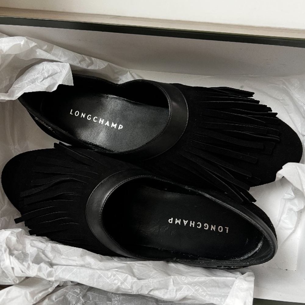 NWT brand new Longchamp black genuine leather suede womens 7.5 loafers - Picture 2 of 9